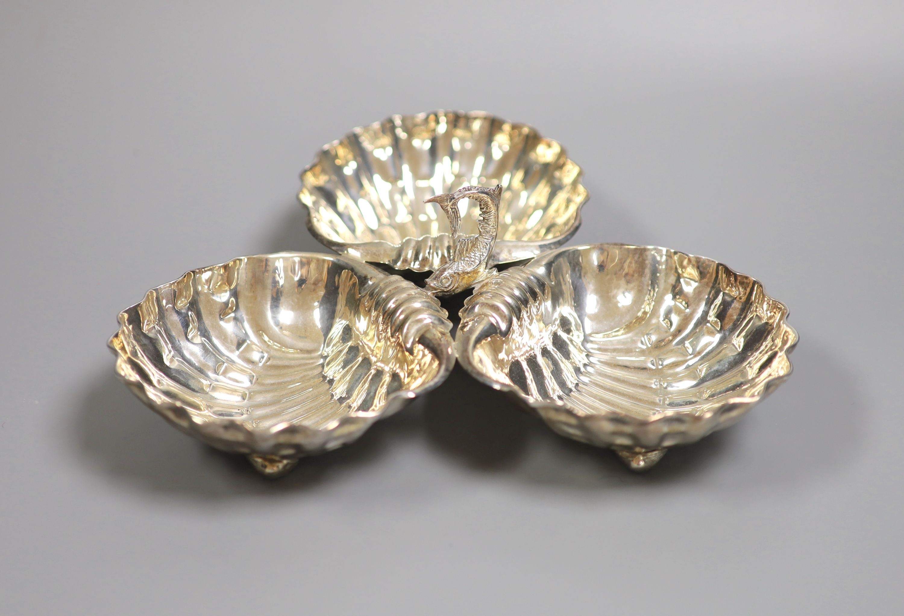 A continental white metal trefoil shaped hors d'oevres dish, 20cm, 8.5oz.